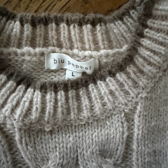 Blu Pepper Cream Cable-Knit Pom Pom Crewneck Sweater - Picture 2 of 3